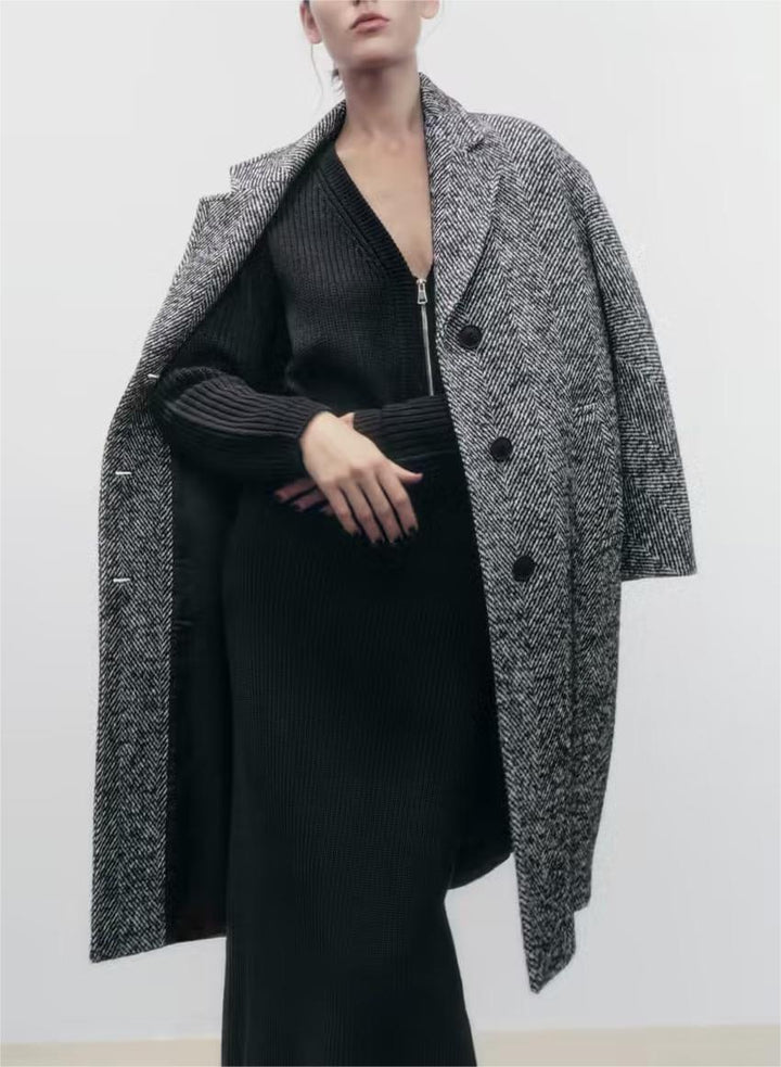 OKU - Herringbone Pattern Overcoat for Women