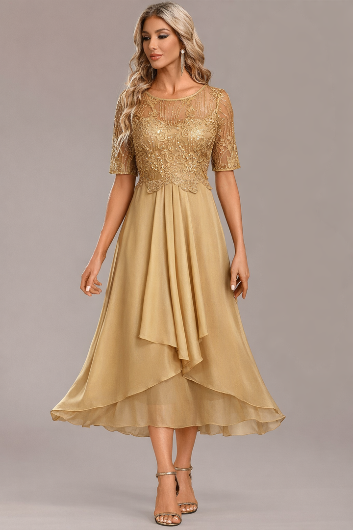 Luna Champagne Embroidery 3/4 Sleeve Round Neck Dress