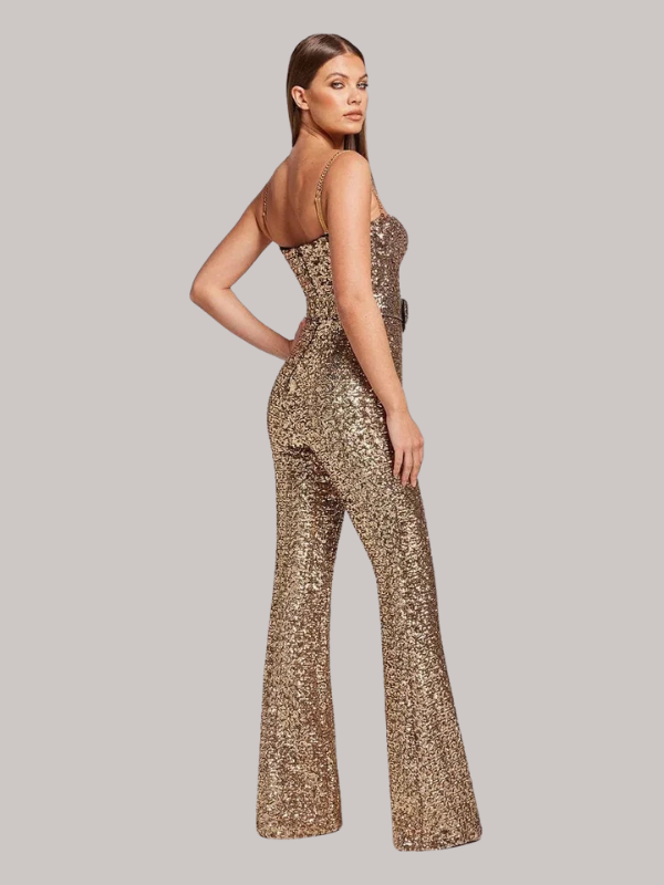 Elizabeth - Women’s Strapless Glitter Jumpsuit with Waist Belt