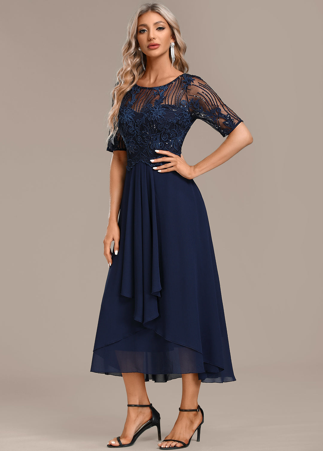 Luna Champagne Embroidery 3/4 Sleeve Round Neck Dress