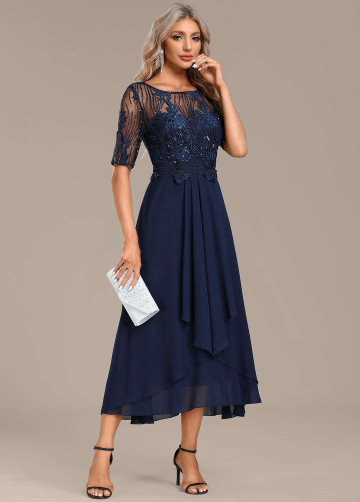 Luna Champagne Embroidery 3/4 Sleeve Round Neck Dress