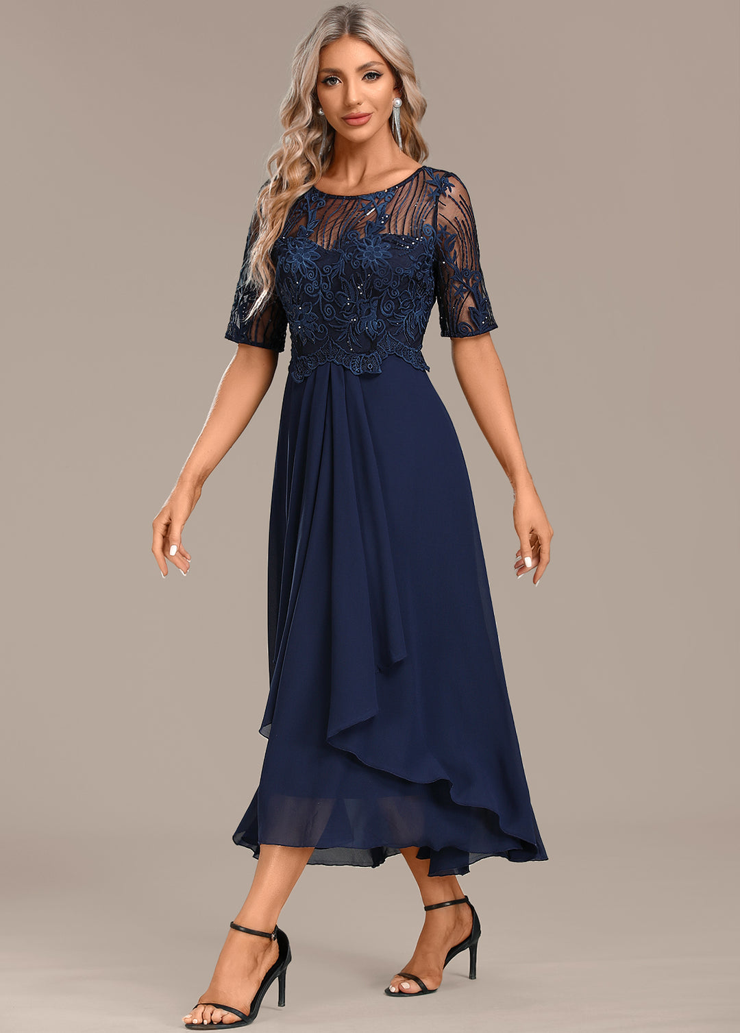 Luna Champagne Embroidery 3/4 Sleeve Round Neck Dress