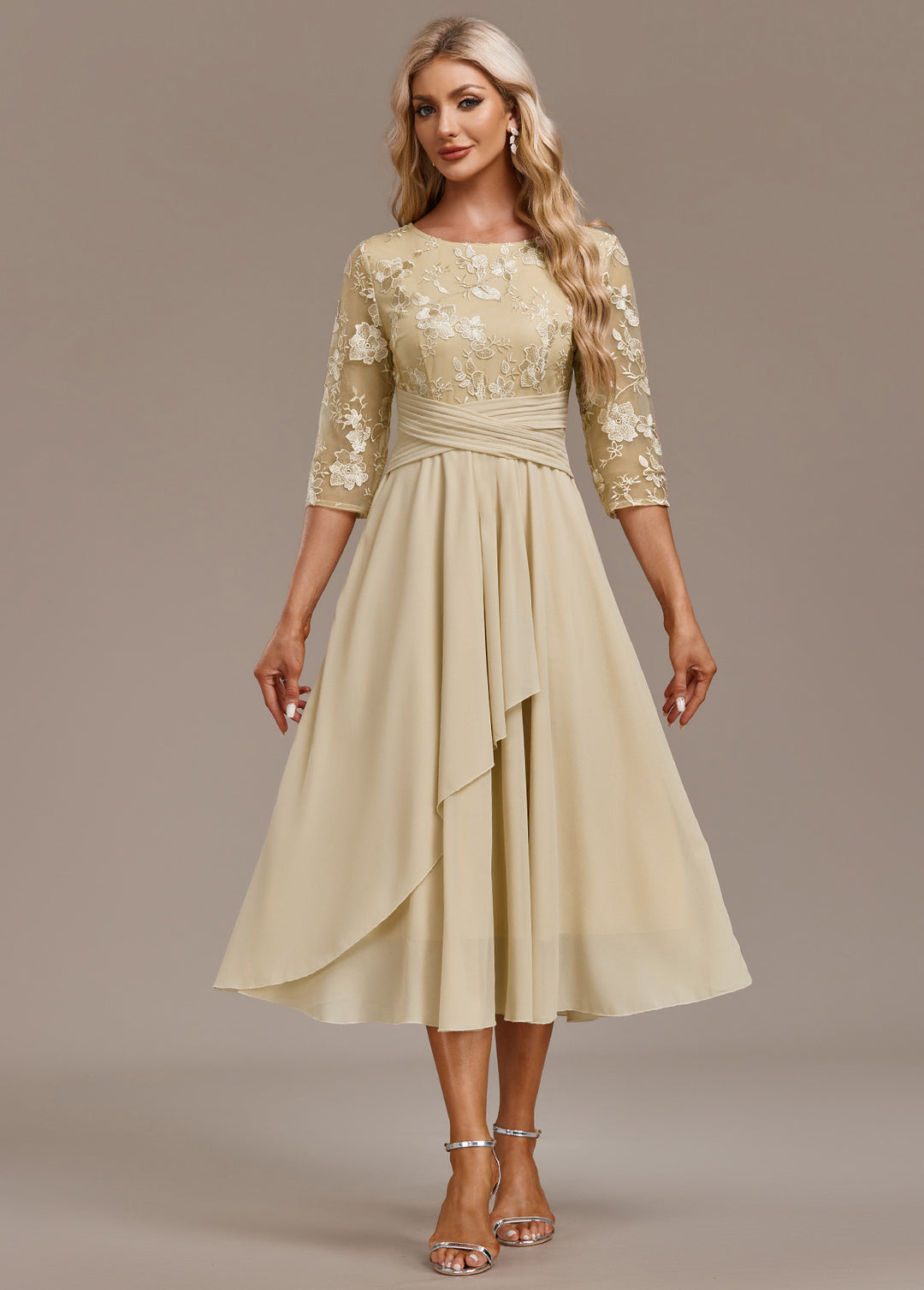 Alisa Champagne Embroidery 3/4 Sleeve Round Neck Dress