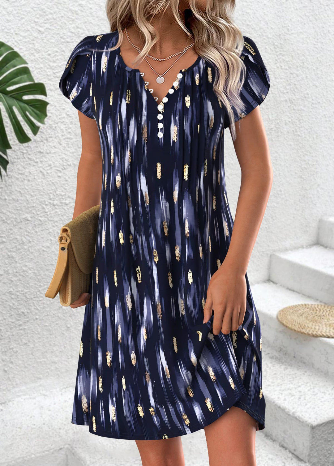 Luna Multi Color Floral Print Short Split Neck Dress