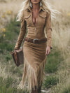 Retro Western Lapel Zipper Long Sleeve Tassel Midi Dress