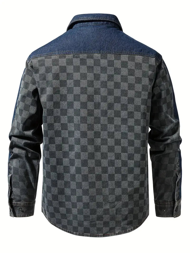 PELE - Checker-Denim Casual Contrast Jacket