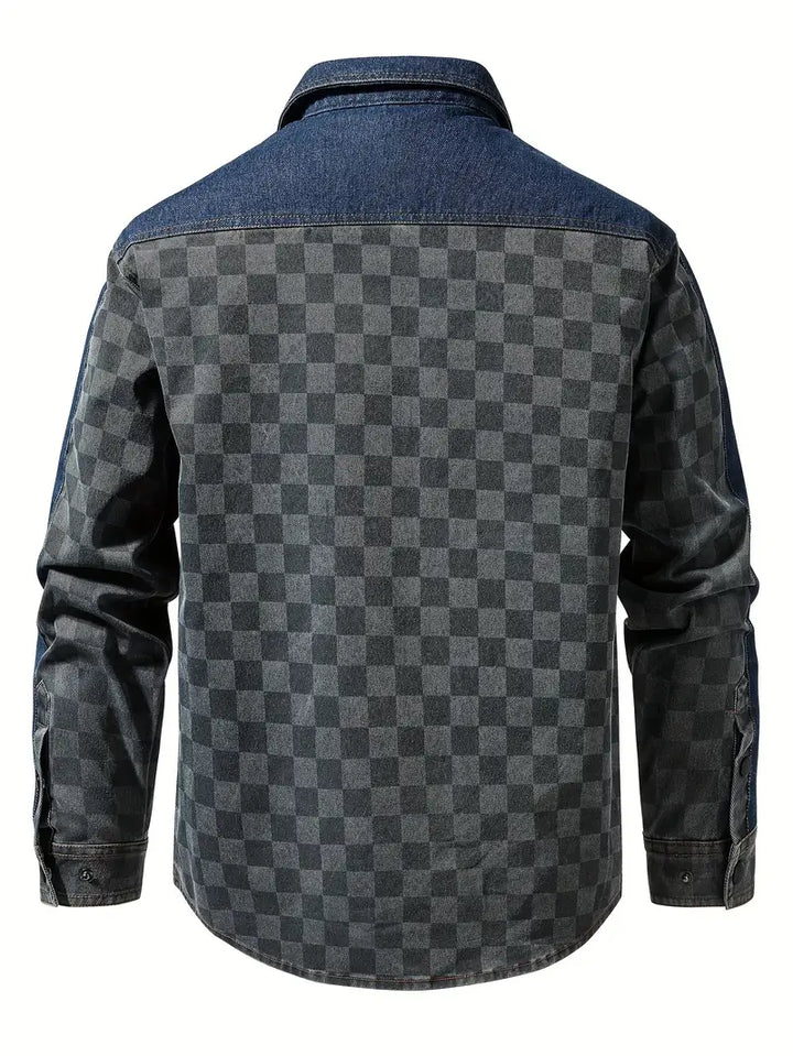 PELE - Checker-Denim Casual Contrast Jacket