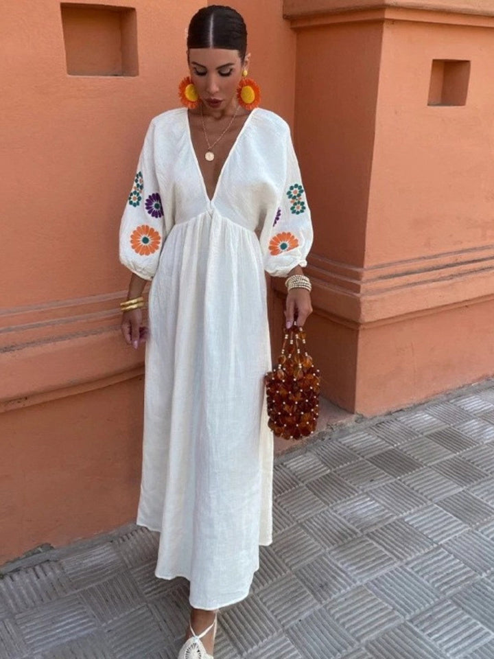 Elara Embroidered Backless Maxi Dress