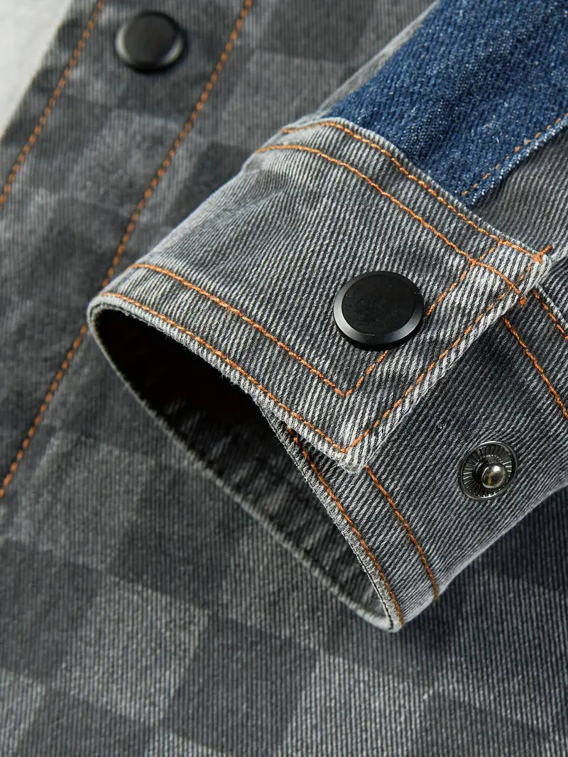 PELE - Checker-Denim Casual Contrast Jacket
