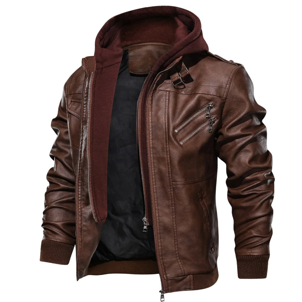 STEELE - Men's Leather Jacket with Hood