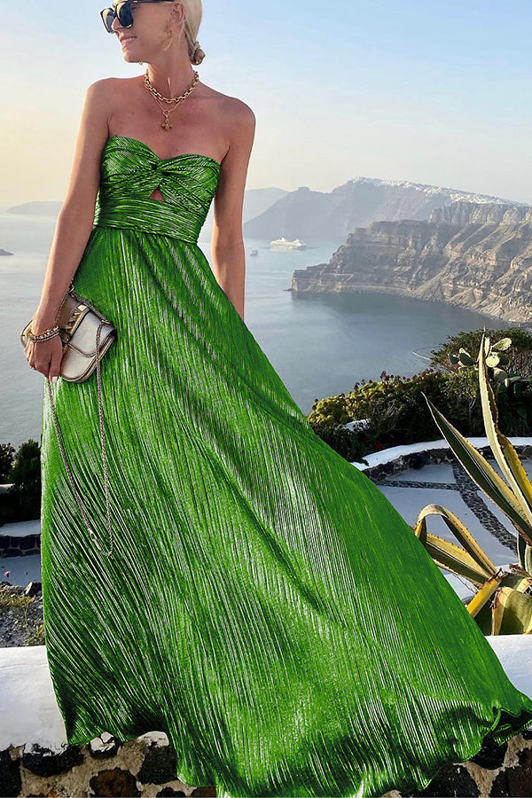 Celeste - Women’s Strapless A-Line Evening Gown with Pleated Metallic Finish