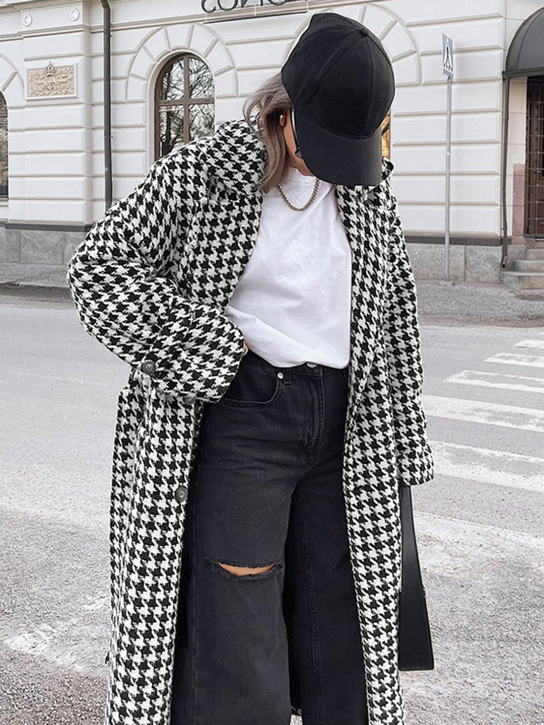 Adele Houndstooth Tweed Trench Coat