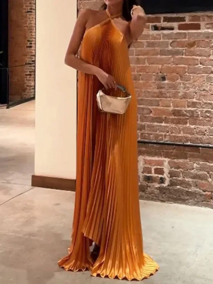 Mira - Chic Pleated Halter Neck Maxi Dress