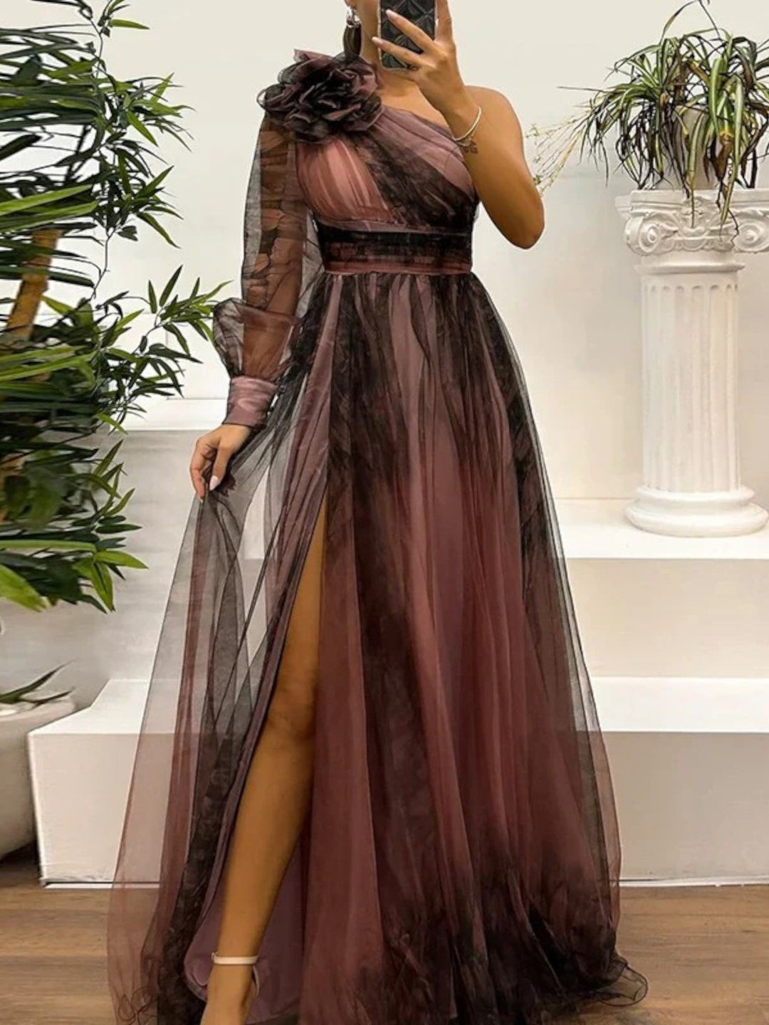 Sienna – Trendy One Shoulder Mesh Print Maxi Dress
