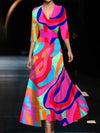 Emily - Printed High Waist Midi Dress with Mid Sleeves