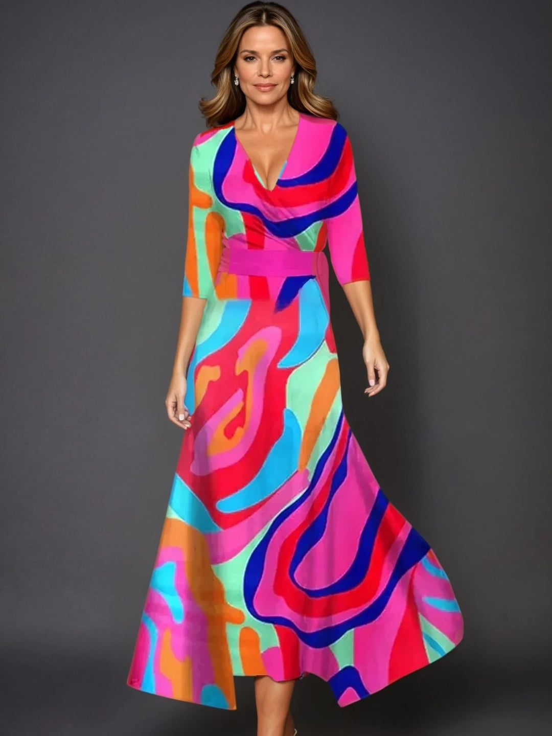 Emily - Printed High Waist Midi Dress with Mid Sleeves