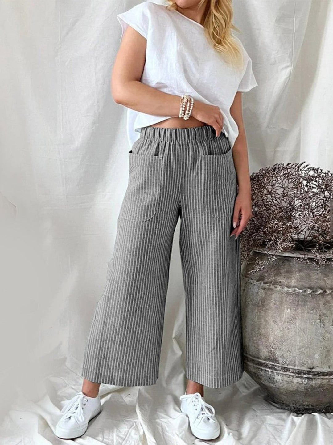 Evie Striped High-Waist Wide-Leg Linen Pants