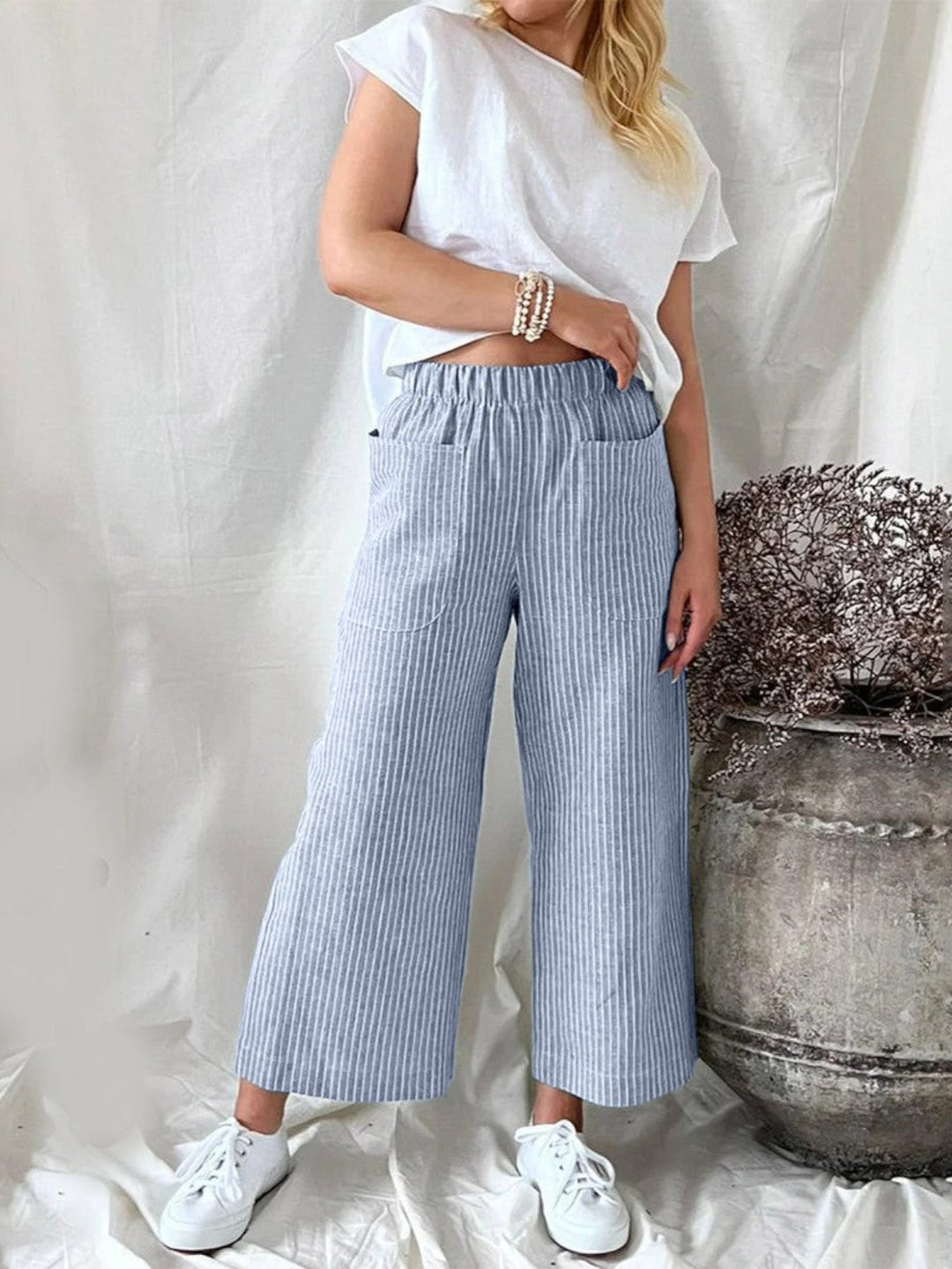 Evie Striped High-Waist Wide-Leg Linen Pants