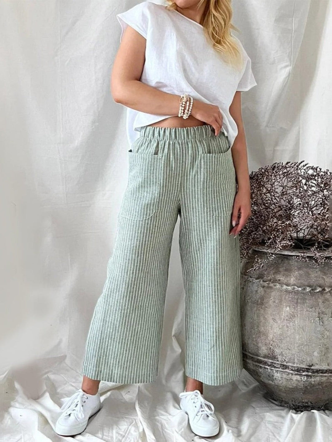 Evie Striped High-Waist Wide-Leg Linen Pants