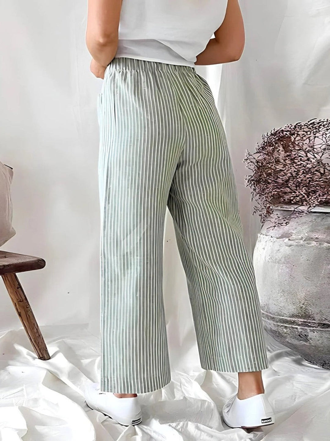 Evie Striped High-Waist Wide-Leg Linen Pants