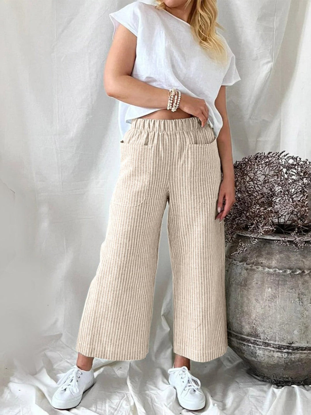Evie Striped High-Waist Wide-Leg Linen Pants