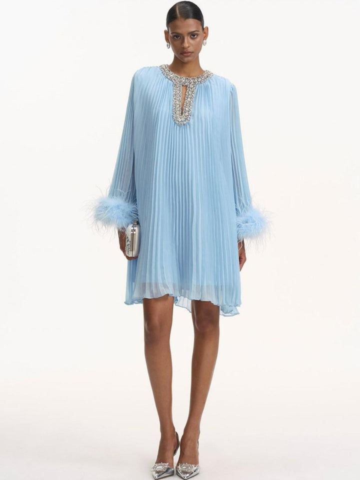 Serena Pleated Feather Cuff Evening Dress