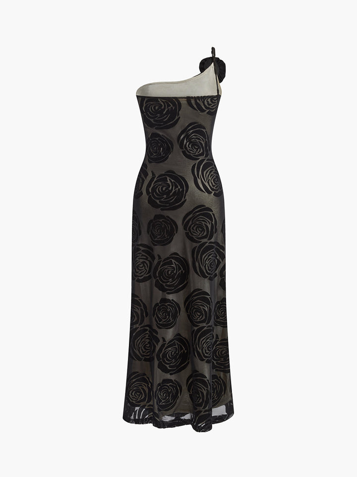 Sophia Black Jacquard Asymmetrical Gown