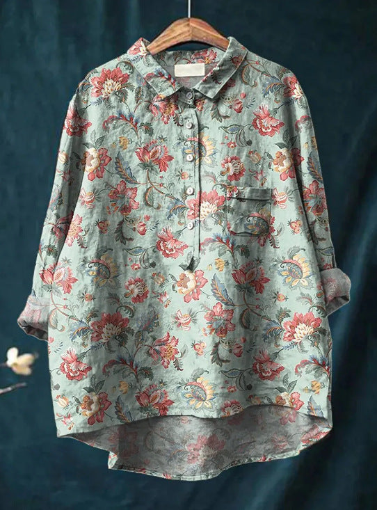 Caroline | Cotton Linen Floral Blouse