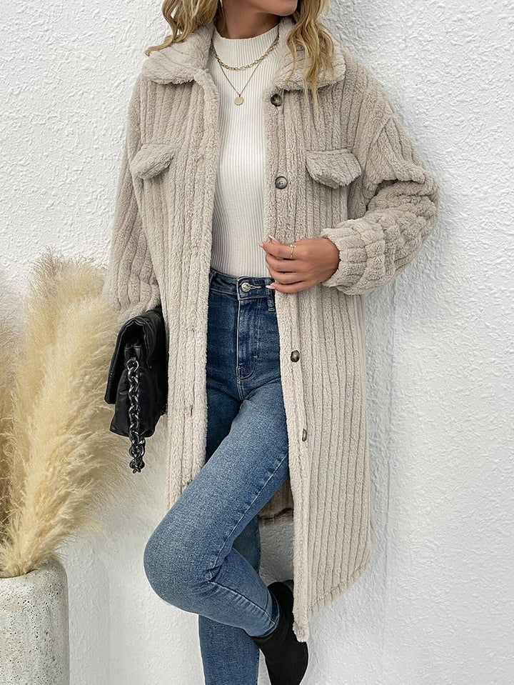 OGGI - Long Beige Fleece Coat for Women