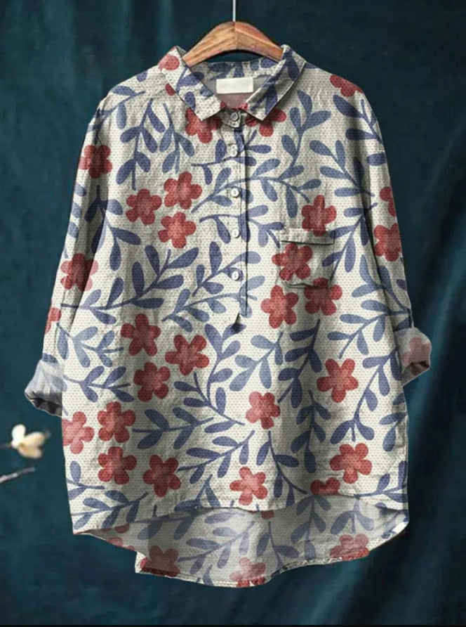 Caroline | Cotton Linen Floral Blouse