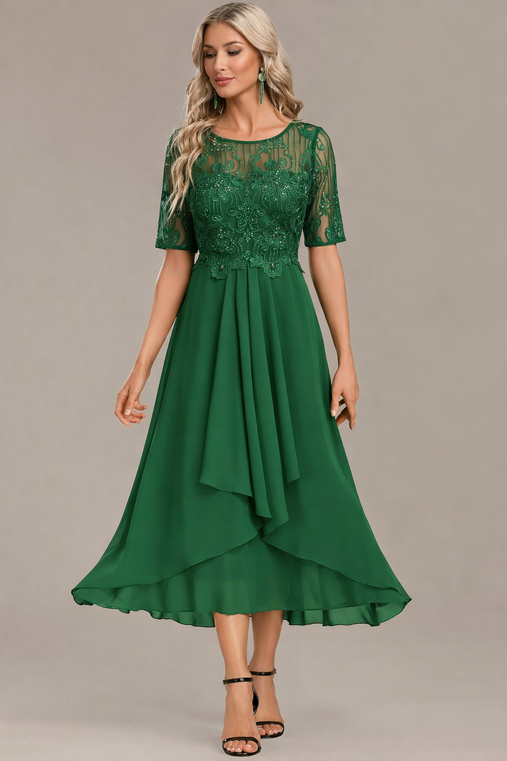 Luna Champagne Embroidery 3/4 Sleeve Round Neck Dress