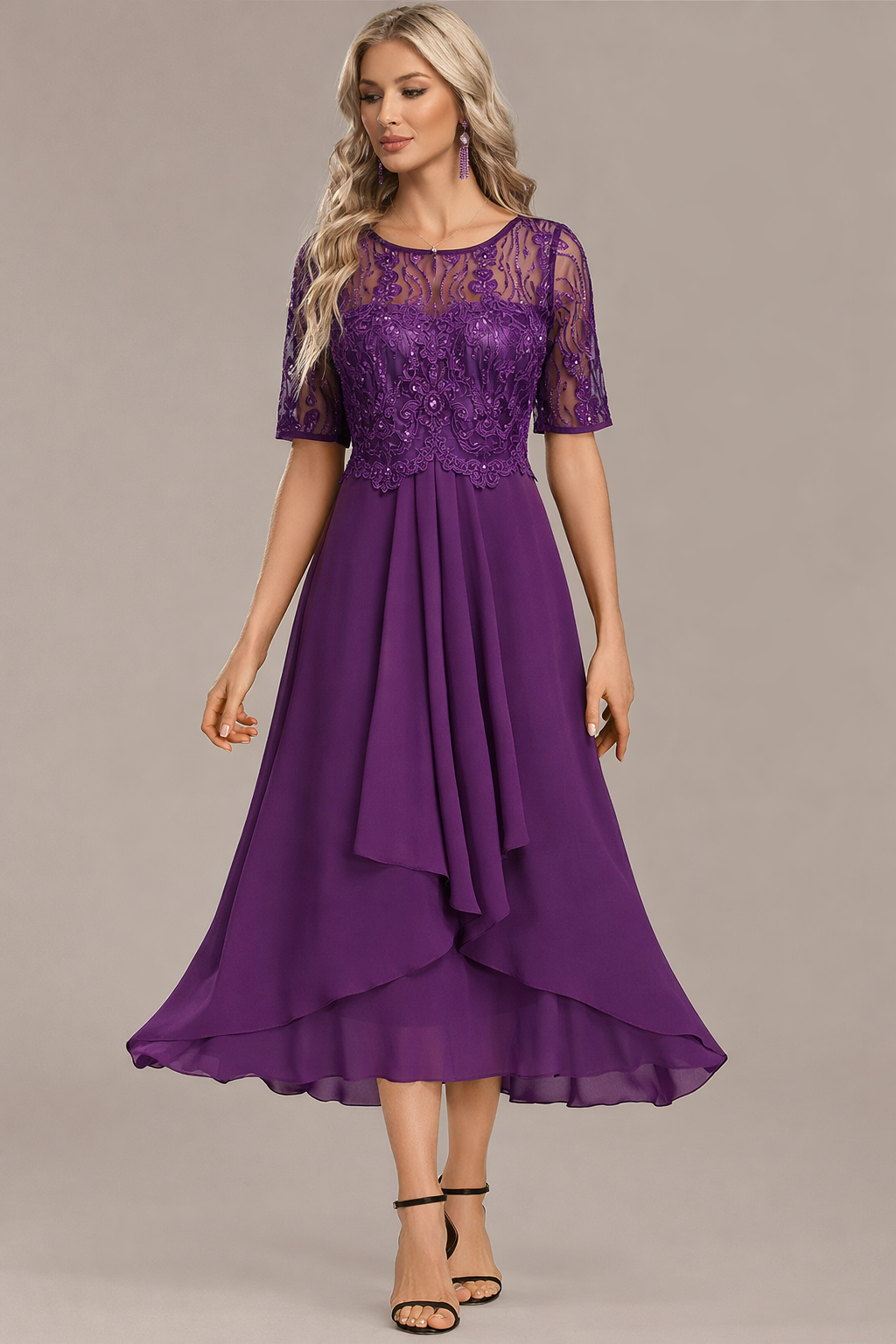 Sophie Navy Lace Short Sleeve Round Neck Dress