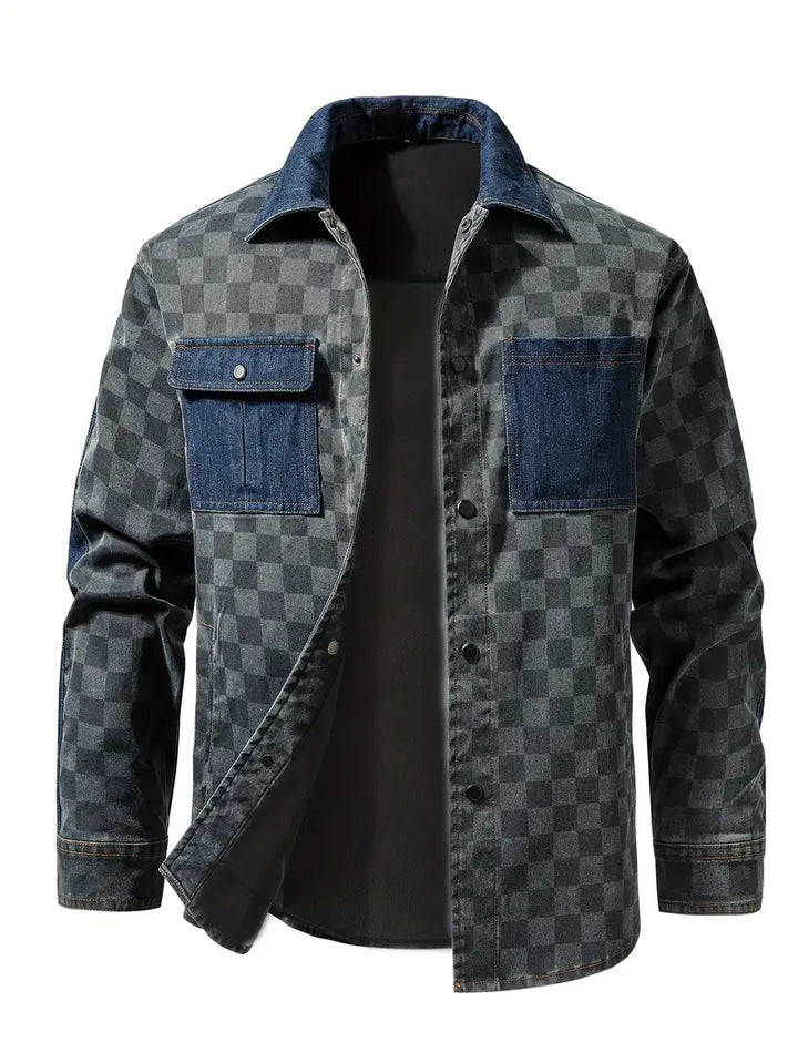 PELE - Checker-Denim Casual Contrast Jacket