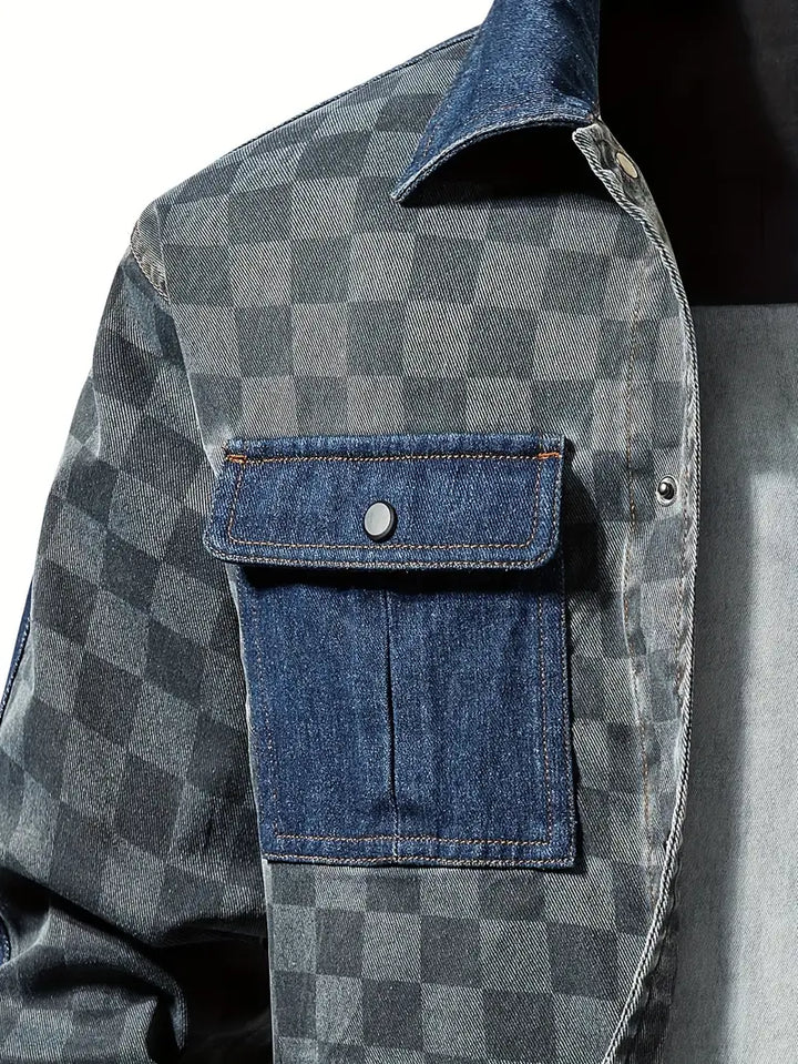 PELE - Checker-Denim Casual Contrast Jacket