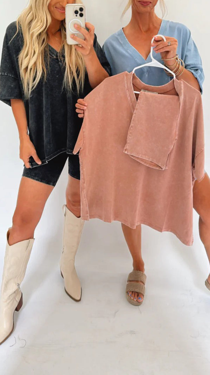 Ariana - Acid Wash Oversized Tee and Biker Shorts Set
