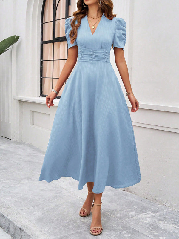 Cecily - V-Neck Midi Dress with Puff Sleeves and Ruched Waist