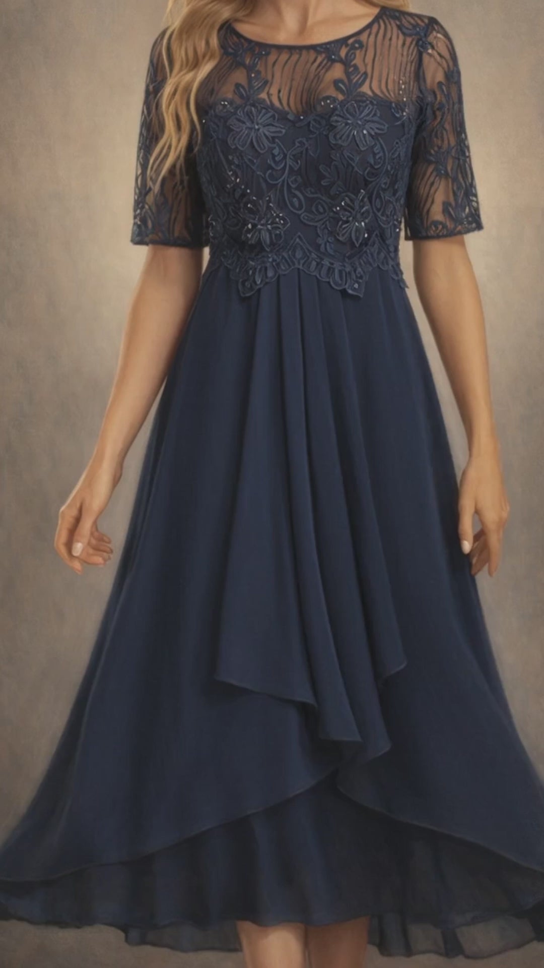 Sophie Navy Lace Short Sleeve Round Neck Dress