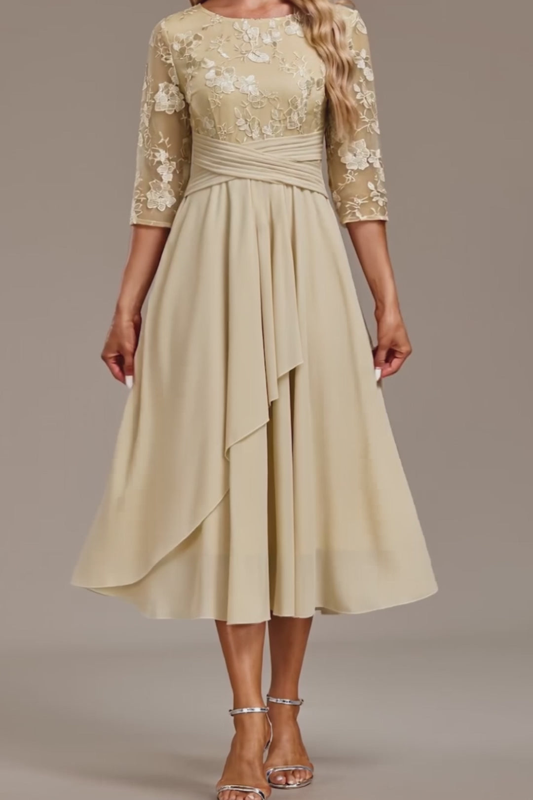 Alisa Champagne Embroidery 3/4 Sleeve Round Neck Dress